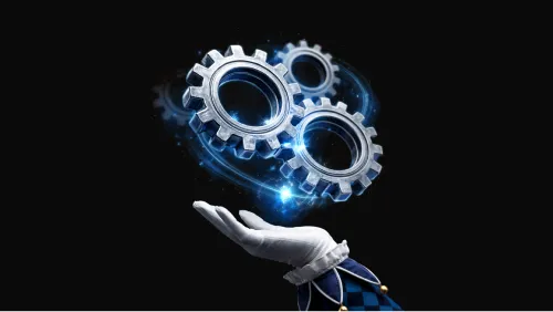 A banner design for the Qquench blog that explains: Why Capability Is Becoming the New Competitive Advantage. Metal greas floating on the Jester's hand.